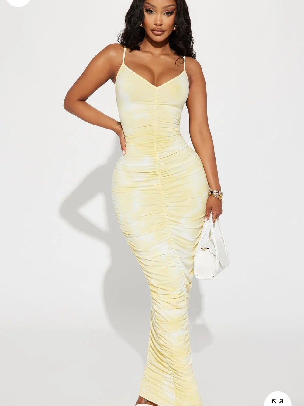 Ruched Spaghetti-Strap Maxi Dress in Light Yellow